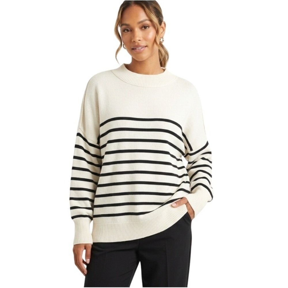 Zesica Women's Oversized‎ Striped Crewneck Sweater Cream Black Ribbed Knit Large
